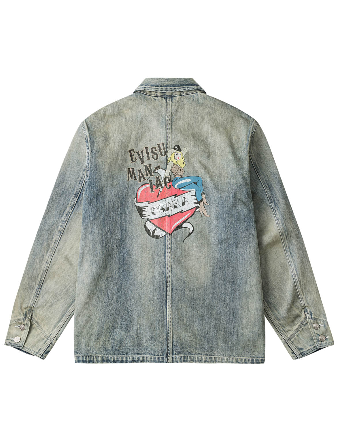 Heart Cowgirl Print Vintage Washed Denim Chore Jacket
